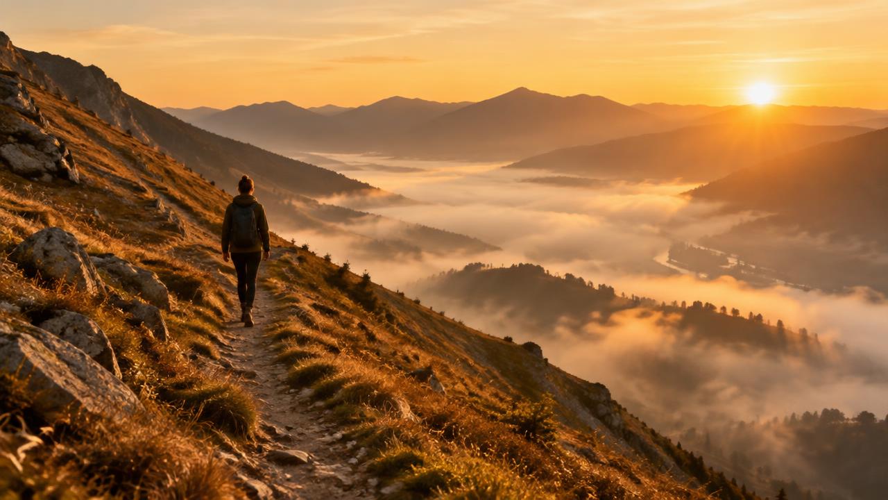 Wanderin auf einem Bergpfad über einem Nebelmeer bei Sonnenaufgang